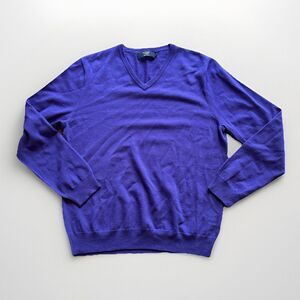 J CREW Sweater Mens Indigo Blue 100% Merino Wool Casual V Neck Preppy Size Large